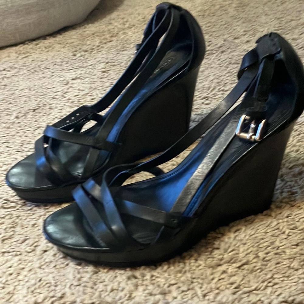 Coach black strappy wedge heels size 7.5